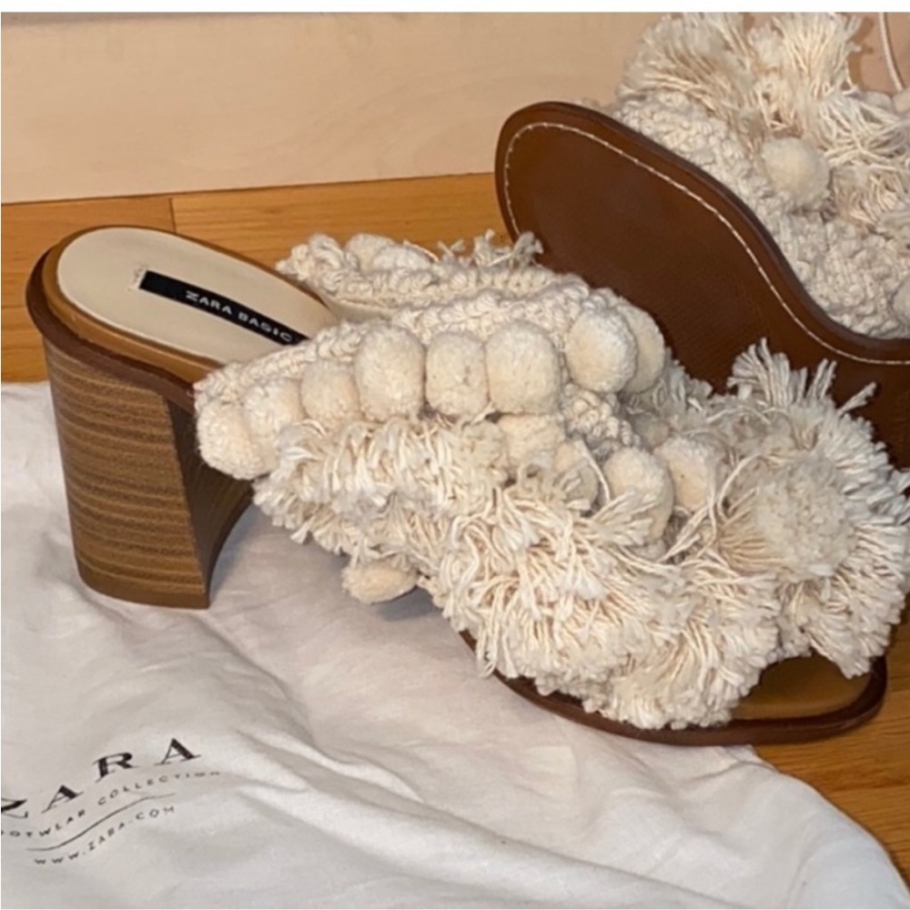 NWT Zara Crochet Pom Pom Embroidered Fringe Stacked Heel - Picture 11 of 11